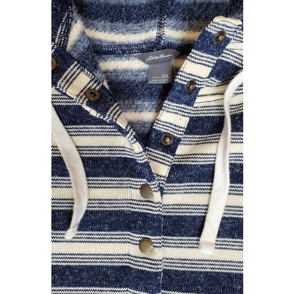 Eddie Bauer fleece striped half buttons pullover hooded sweater navy ivory 2Xl - Picture 3 of 11